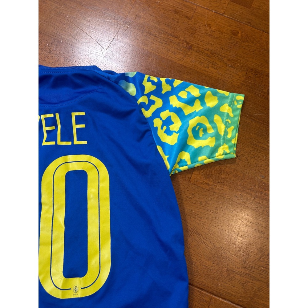 Brazil Soccer Jersey Youth 26 Blue Pele 10 Leopard Print Sleeves - Picture 11 of 11